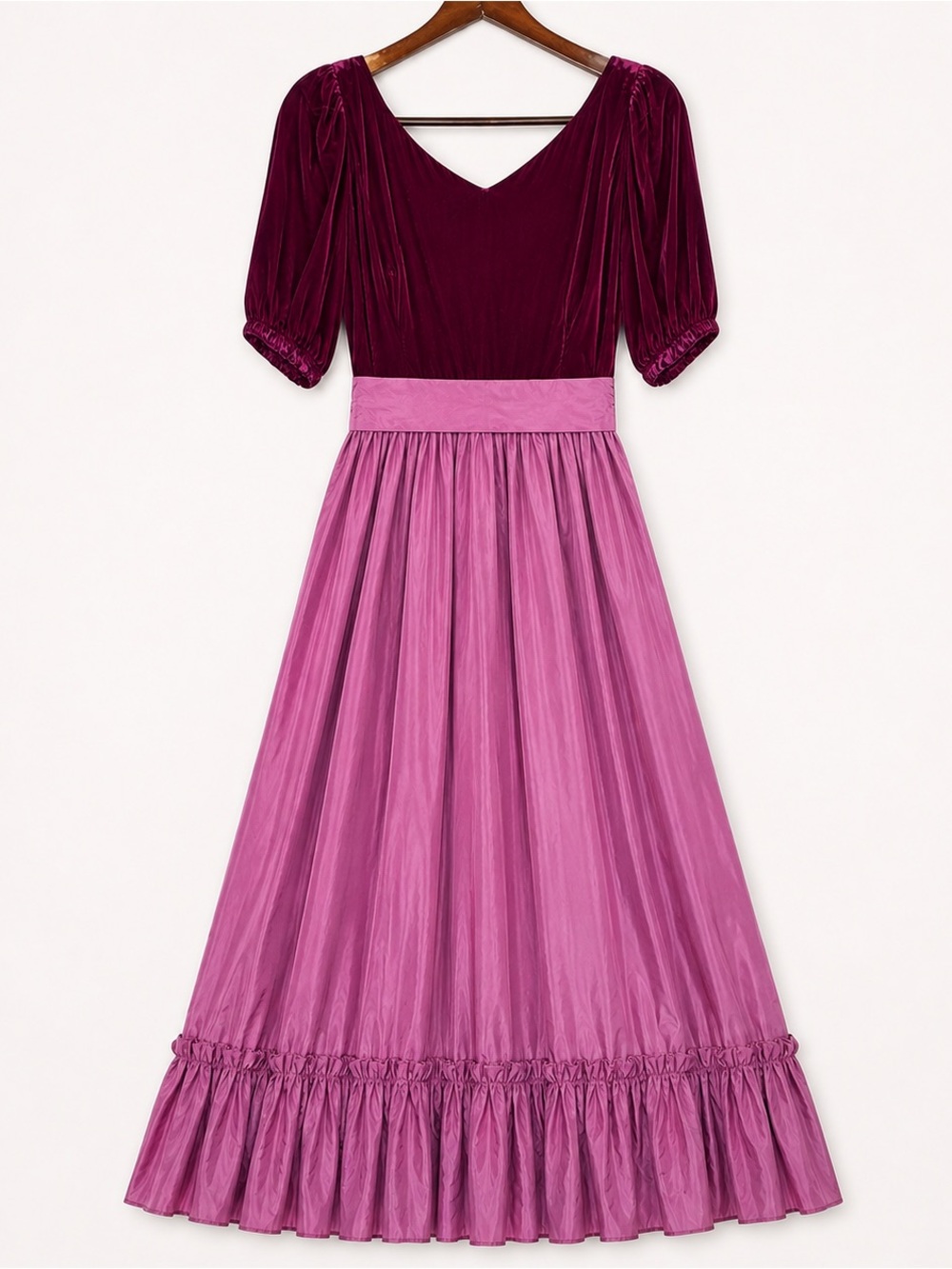 Vintage Velvet Taffeta Maxi Dress Pink Burgundy Puff Sleeve 20